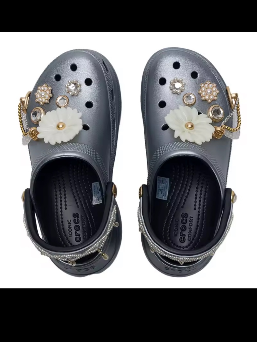 CROCS Metallic Silver Jeweled Floral Charm Clogs